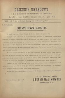 Dziennik Urzędowy c. i k. Komendy Powiatowej w Opocznie.R.4, cz. 33 (21 lipca 1918)