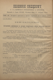 Dziennik Urzędowy c. i k. Komendy Powiatowej w Opocznie.R.4, cz. 34 (11 sierpnia 1918)