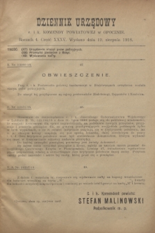 Dziennik Urzędowy c. i k. Komendy Powiatowej w Opocznie.R.4, cz. 35 (19 sierpnia 1918)