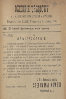 Dziennik Urzędowy c. i k. Komendy Powiatowej w Opocznie.R.4, cz. 37 (3 września 1918)