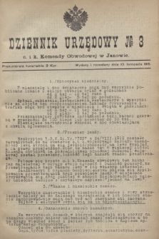 Dziennik Urzędowy № 3 C. i K. Komendy Obwodowej w Janowie.1915 (10 listopada)