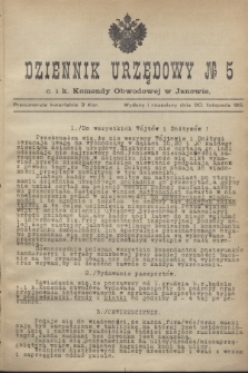 Dziennik Urzędowy № 5 C. i K. Komendy Obwodowej w Janowie.1915 (30 listopada)