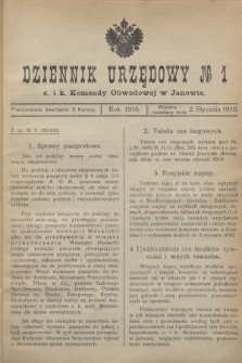 Dziennik Urzędowy № 1 c. i k. Komendy Obwodowej w Janowie.1916 (2 stycznia)