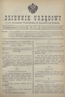Dziennik Urzędowy c. i k. Komendy Obwodowej w Janowie (w Polsce).1916, nr 17 (25 sierpnia)