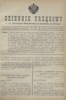 Dziennik Urzędowy c. i k. Komendy Obwodowej w Janowie (w Polsce).1916, nr 19 (15 września)