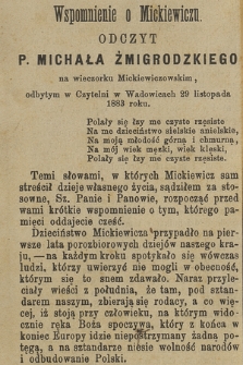 „Wspomnienie o Mickiewiczu : Odczyt p. Michała Żmigrodzkiego na wieczorku mickiewiczowskim odbytym w czytelni w Wadowicach 29 listopada 1883 roku”