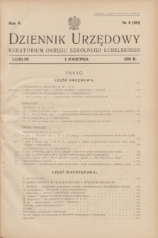 Dziennik Urzędowy Kuratorium Okręgu Szkolnego Lubelskiego.R.10, nr 8 (1 kwietnia 1938) = nr 102