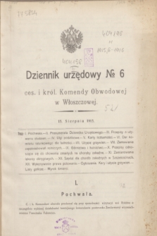 Dziennik urzędowy№ 6 ces. i król. Komendy Obwodowej we Włoszczowej. 1915 (15 sierpnia)