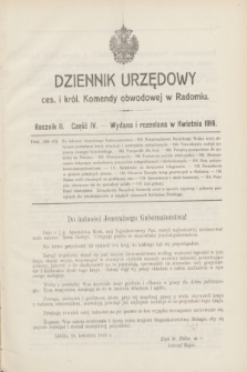 Dziennik Urzędowy ces. i król. Komendy obwodowej w Radomiu.R.2, Część 4 (kwiecień 1916)