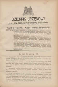 Dziennik Urzędowy ces. i król. Komendy obwodowej w Radomiu.R.2, Część 8 (1 września 1916)