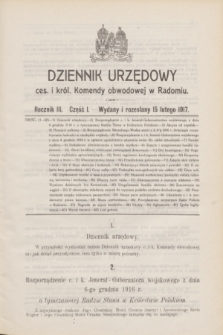 Dziennik Urzędowy ces. i król. Komendy obwodowej w Radomiu.R.3, Część 1 (15 lutego 1917)