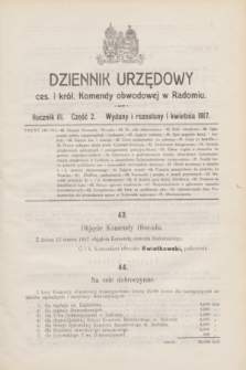 Dziennik Urzędowy ces. i król. Komendy obwodowej w Radomiu.R.3, Część 2 (1 kwietnia 1917)