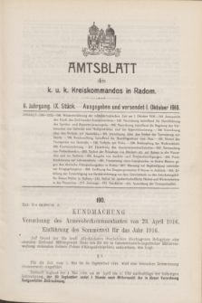 Amtsblatt des k. u. k. Kreiskommandos in Radom.Jg.2, Stück 9 (1 Oktober 1916)