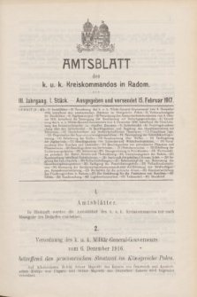 Amtsblatt des k. u. k. Kreiskommandos in Radom.Jg.3, Stück 1 (15 Februar 1917)