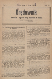 Orędownik Starostwa i Wydziału Rady powiatowej w Mielcu. R.9, nr 8 (15 lipca 1929)