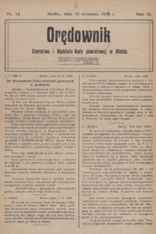 Orędownik Starostwa i Wydziału Rady powiatowej w Mielcu. R.9, nr 12 (15 września 1929)