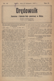 Orędownik Starostwa i Wydziału Rady powiatowej w Mielcu. R.9, nr 16 (15 listopada 1929)
