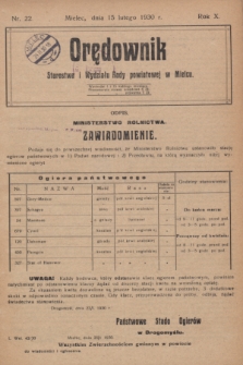 Orędownik Starostwa i Wydziału Rady powiatowej w Mielcu. R.10, nr 22 (15 lutego 1930)
