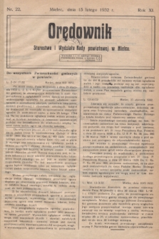 Orędownik Starostwa i Wydziału Rady powiatowej w Mielcu. R.11, nr 22 (15 lutego 1932)