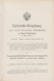 Dziennik-Urzędowy ces. i król. Komendy obwodowej w Nowo-Radomsku.1915, cz. 16 (28 grudnia)