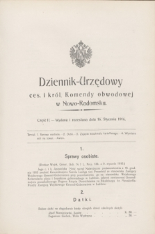 Dziennik Urzędowy Ces. i Król. Komendy Obwodowej w Nowo-Radomsku.1916, cz. 2 (16 stycznia) + dod.