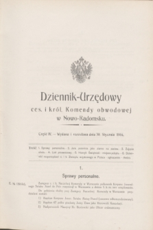 Dziennik Urzędowy Ces. i Król. Komendy Obwodowej w Nowo-Radomsku.1916, cz. 4 (30 stycznia) + dod.