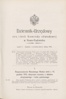 Dziennik Urzędowy Ces. i Król. Komendy Obwodowej w Nowo-Radomsku.1916, cz. 5 (6 lutego)