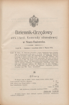 Dziennik Urzędowy Ces. i Król. Komendy Obwodowej w Nowo-Radomsku.1916, cz. 9 (5 marca) + dod.
