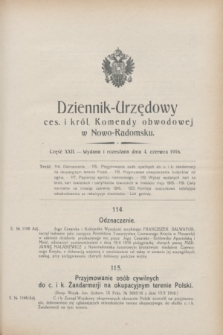 Dziennik Urzędowy Ces. i Król. Komendy Obwodowej w Nowo-Radomsku.1916, cz. 22 (4 czerwca)