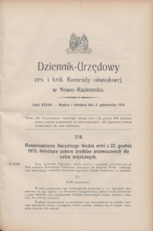 Dziennik-Urzędowy ces. i król. Komendy obwodowej w Nowo-Radomsku.1916, cz. 38 (3 października)
