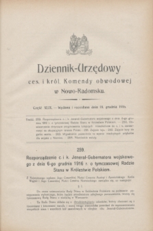 Dziennik-Urzędowy ces. i król. Komendy obwodowej w Nowo-Radomsku.1916, cz. 49 (18 grudnia)