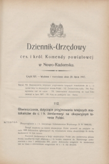 Dziennik-Urzędowy ces. i król. Komendy powiatowej w Nowo-Radomsku.1917, cz. 12 (20 lipca)