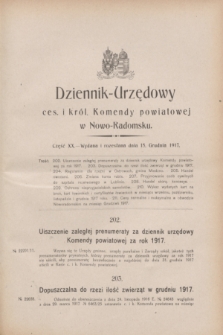 Dziennik-Urzędowy ces. i król. Komendy powiatowej w Nowo-Radomsku.1917, cz. 20 (15 grudnia)