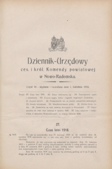 Dziennik-Urzędowy ces. i król. Komendy powiatowej w Nowo-Radomsku.1918, cz. 4 (1 kwietnia)