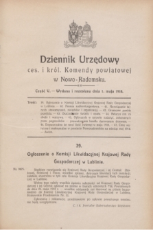 Dziennik Urzędowy ces. i król. Komendy powiatowej w Nowo-Radomsku.1918, cz. 5 (1 maja)