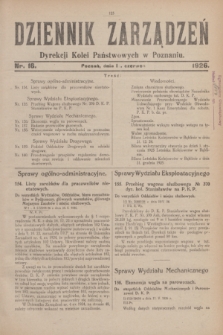Dziennik Zarządzeń Dyrekcji Kolei Państwowych w Poznaniu.1926, nr 16 (1 czerwca)