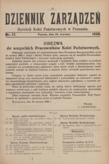 Dziennik Zarządzeń Dyrekcji Kolei Państwowych w Poznaniu.1926, nr 17 (26 czerwca)