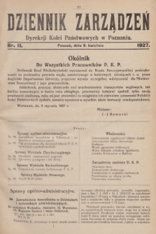 Dziennik Zarządzeń Dyrekcji Kolei Państwowych w Poznaniu.1927, nr 11 (8 kwietnia)