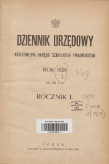Dziennik Urzędowy Kuratorjum Okręgu Szkolnego Pomorskiego.R.1, Skorowidz (1929)