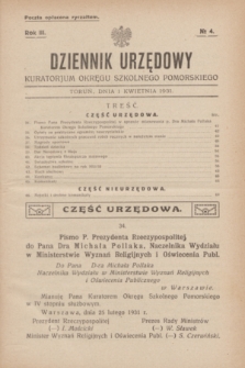 Dziennik Urzędowy Kuratorjum Okręgu Szkolnego Pomorskiego.R.3, № 4 (1 kwietnia 1931)