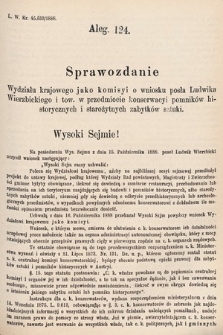 [Kadencja V, sesja VI, al. 124] Alegata do Tomu Drugiego Sprawozdań Stenograficznych z Szóstej Sesyi Piątego Peryodu Sejmu Krajowego Królestwa Galicyi i Lodomeryi wraz z Wielkiem Księstwem Krakowskiem z roku 1889. Alegat 124