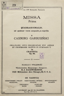 Missa prima quadragesimalis : ad quatuor voces aequales, a capella [!] : op. 12