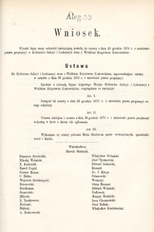 [Kadencja IV, sesja I, al. 39] Alegata do Sprawozdań Stenograficznych z Pierwszej Sesyi Czwartego Peryodu Sejmu Krajowego Królestwa Galicyi i Lodomeryi wraz z Wielkiem Księstwem Krakowskiem z roku 1877. Alegat 39