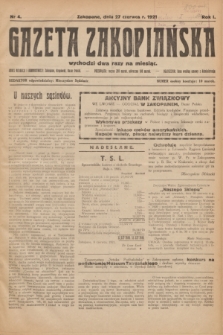 Gazeta Zakopiańska.R.1, nr 4 (27 czerwca 1921)