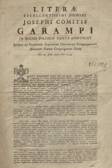 Literæ Excellentissimi Domini Josephi Comitis Garampi [...] Scriptæ ad Venerabile Capitulum Provinciale Congregationis Scholarum Piarum Congregatum Goræ Die 31. Julii Anno Dni 1774