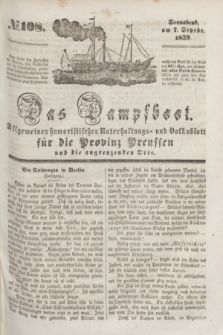 Das Dampfboot : allgemeines humoristisches Unterhaltungs- und Volksblatt für die Provinz Preussen und die angrenzenden Orte. [Jg.9], № 108 (7 September 1839) + dod.