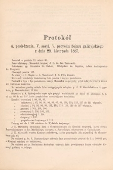 [Kadencja V, sesja V, pos. 4] Protokoły z V. Sesyi V. Peryodu Sejmu Krajowego Królestwa Galicyi i Lodomeryi wraz z Wielkiem Księstwem Krakowskiem w roku 1887/8. Protokół 4