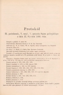 [Kadencja V, sesja V, pos. 21] Protokoły z V. Sesyi V. Peryodu Sejmu Krajowego Królestwa Galicyi i Lodomeryi wraz z Wielkiem Księstwem Krakowskiem w roku 1887/8. Protokół 21