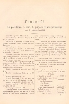 [Kadencja V, sesja VI, pos. 14] Protokoły z 6. Sesyi V. Peryodu Sejmu Krajowego Królestwa Galicyi i Lodomeryi wraz z Wielkiem Księstwem Krakowskiem w roku 1888. Protokół 14