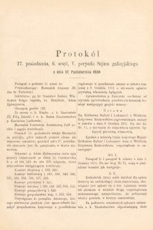 [Kadencja V, sesja VI, pos. 17] Protokoły z 6. Sesyi V. Peryodu Sejmu Krajowego Królestwa Galicyi i Lodomeryi wraz z Wielkiem Księstwem Krakowskiem w roku 1888. Protokół 17